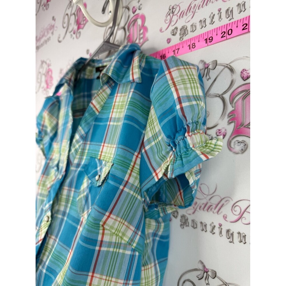 Majora T-shirt y2k Blue Plaid Button-Down Shirt stripes orange blue green white - Picture 6 of 9